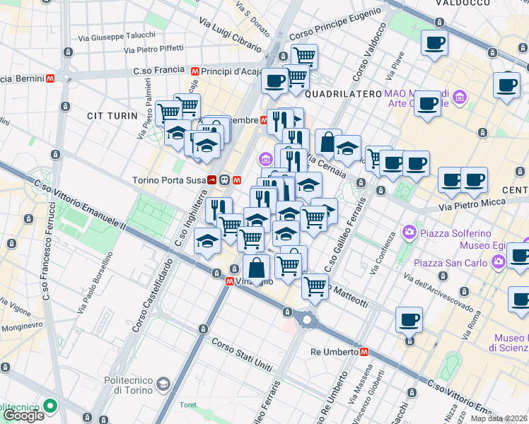 map of restaurants, bars, coffee shops, grocery stores, and more near 12 Corso Vinzaglio in Turin