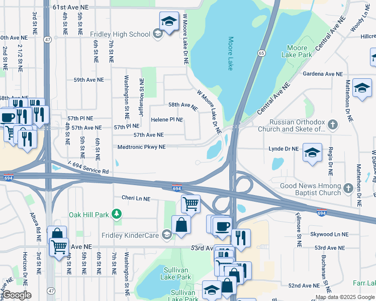 map of restaurants, bars, coffee shops, grocery stores, and more near 710 Medtronic Parkway Northeast in Minneapolis