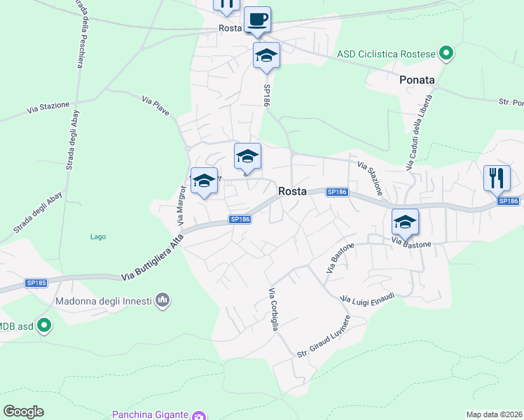 map of restaurants, bars, coffee shops, grocery stores, and more near 15A Via Buttigliera Alta in Rosta
