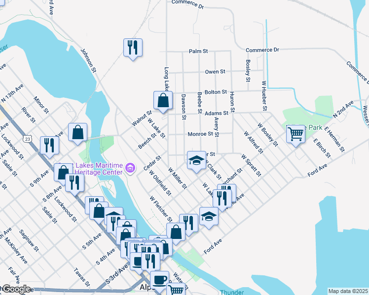 map of restaurants, bars, coffee shops, grocery stores, and more near 236 Dawson Street in Alpena