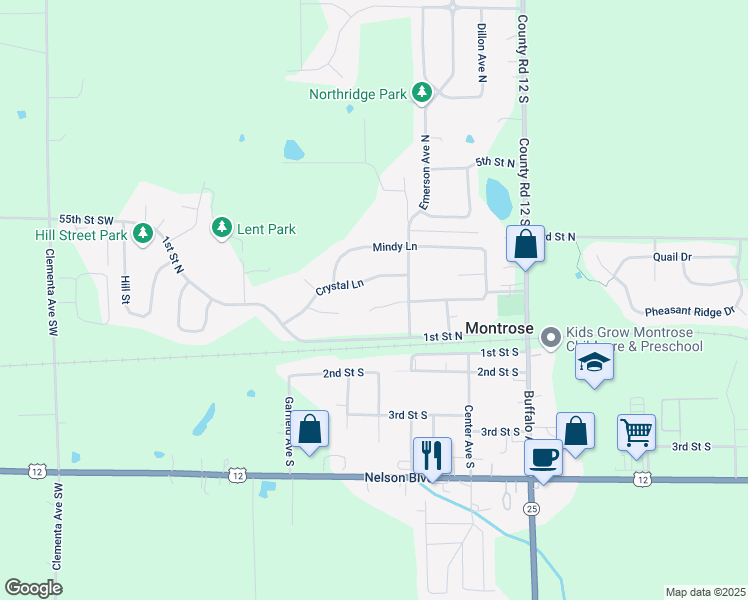 map of restaurants, bars, coffee shops, grocery stores, and more near 109 Charity Circle in Montrose