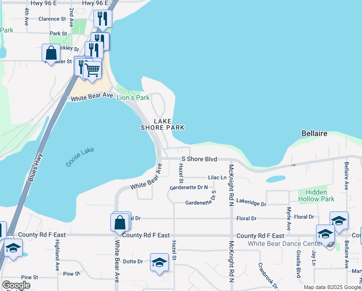 map of restaurants, bars, coffee shops, grocery stores, and more near 2153 Lakeview Avenue in White Bear Lake