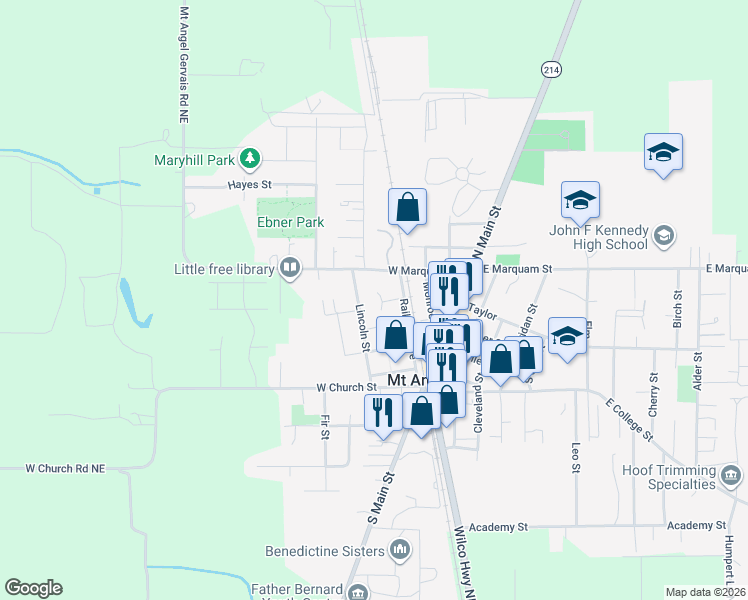 map of restaurants, bars, coffee shops, grocery stores, and more near 510 Marion Court in Mount Angel