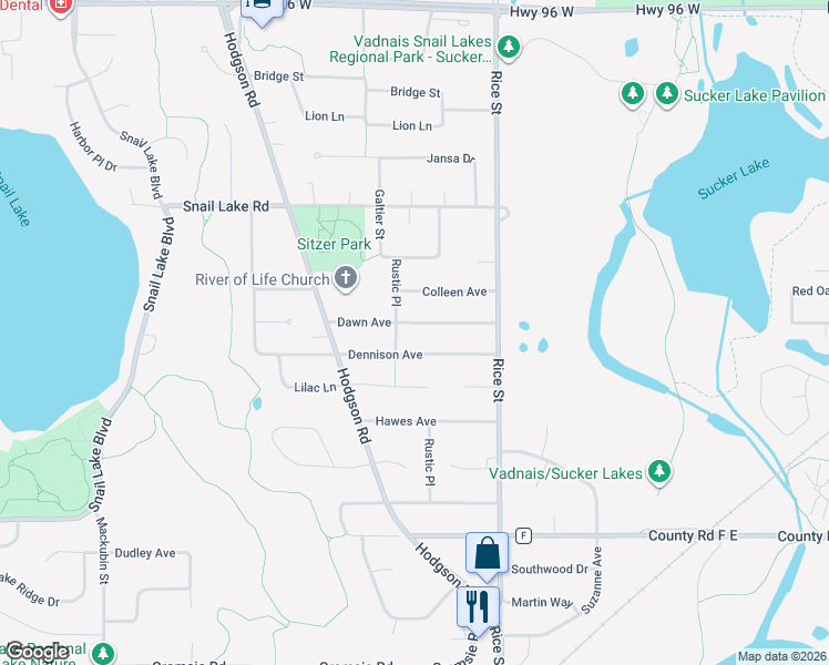 map of restaurants, bars, coffee shops, grocery stores, and more near 218 Dawn Avenue in Shoreview