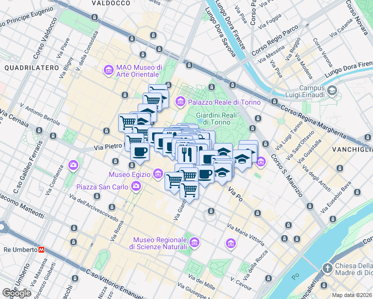 map of restaurants, bars, coffee shops, grocery stores, and more near in Metropolitan City of Turin