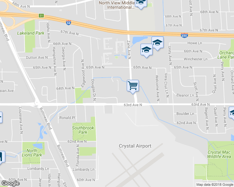map of restaurants, bars, coffee shops, grocery stores, and more near 6052 64th Avenue North in Minneapolis