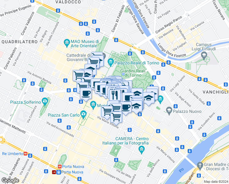 map of restaurants, bars, coffee shops, grocery stores, and more near 1 Piazza Castello in Torino