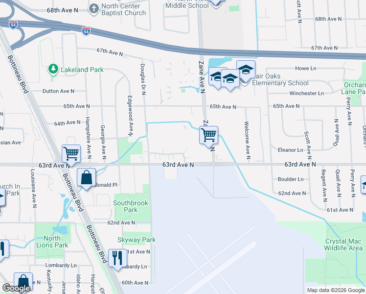 map of restaurants, bars, coffee shops, grocery stores, and more near 6052 64th Avenue North in Minneapolis