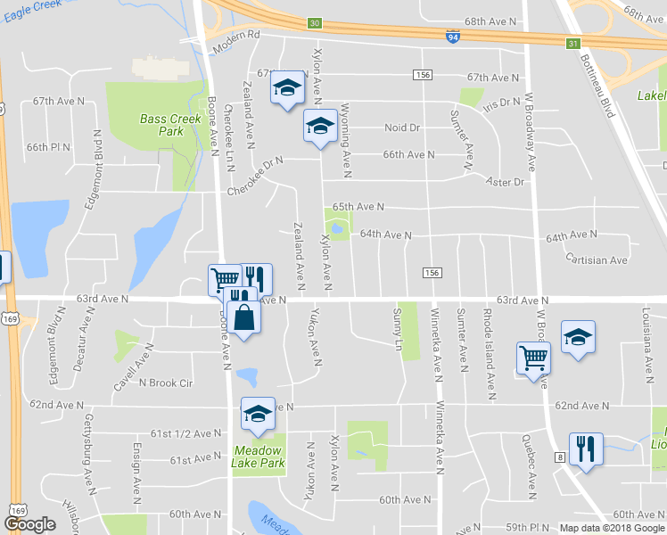 map of restaurants, bars, coffee shops, grocery stores, and more near 6324 Xylon Avenue North in Minneapolis