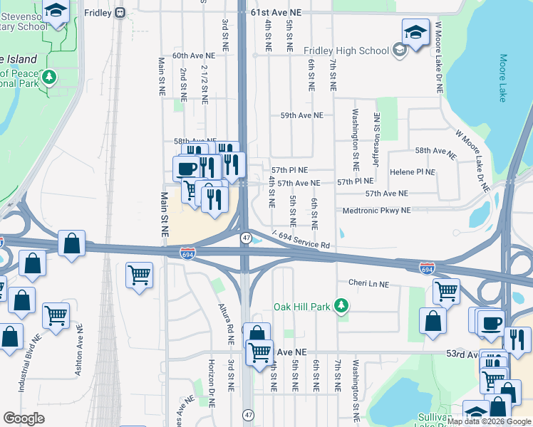 map of restaurants, bars, coffee shops, grocery stores, and more near 5608 4th Street Northeast in Fridley