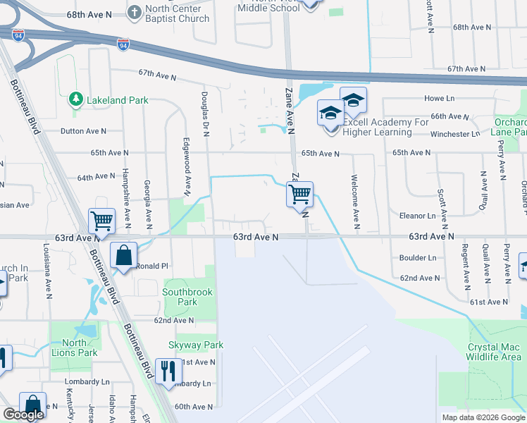 map of restaurants, bars, coffee shops, grocery stores, and more near 6052 64th Avenue North in Minneapolis