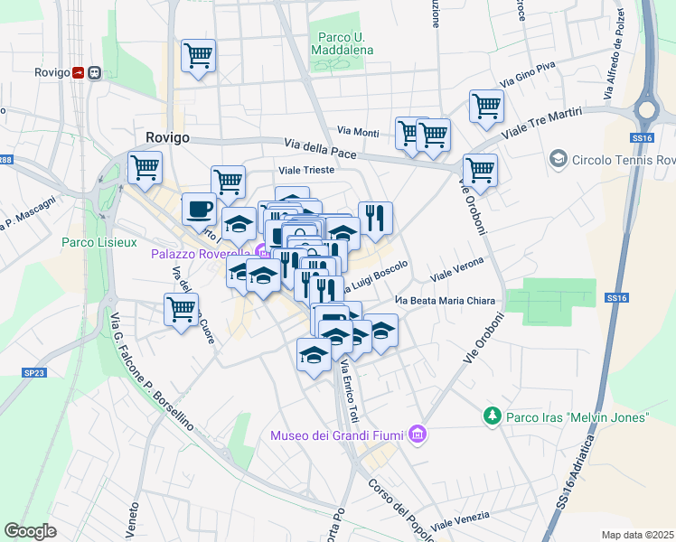 map of restaurants, bars, coffee shops, grocery stores, and more near 7 Piazza Umberto Merlin in Rovigo