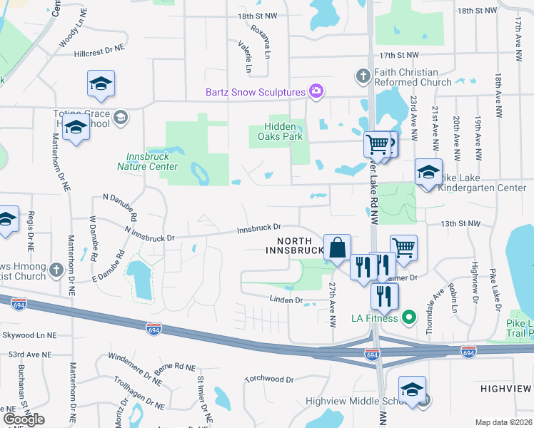 map of restaurants, bars, coffee shops, grocery stores, and more near 3041 13th Terrace Northwest in New Brighton