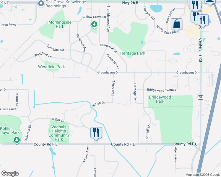 map of restaurants, bars, coffee shops, grocery stores, and more near 4251 Elizabeth Lane in Vadnais Heights