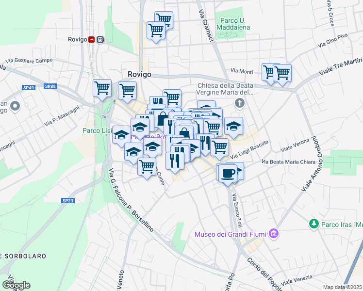 map of restaurants, bars, coffee shops, grocery stores, and more near 144 Corso del Popolo in Rovigo
