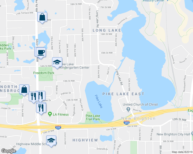 map of restaurants, bars, coffee shops, grocery stores, and more near 1256 16th Avenue Northwest in New Brighton