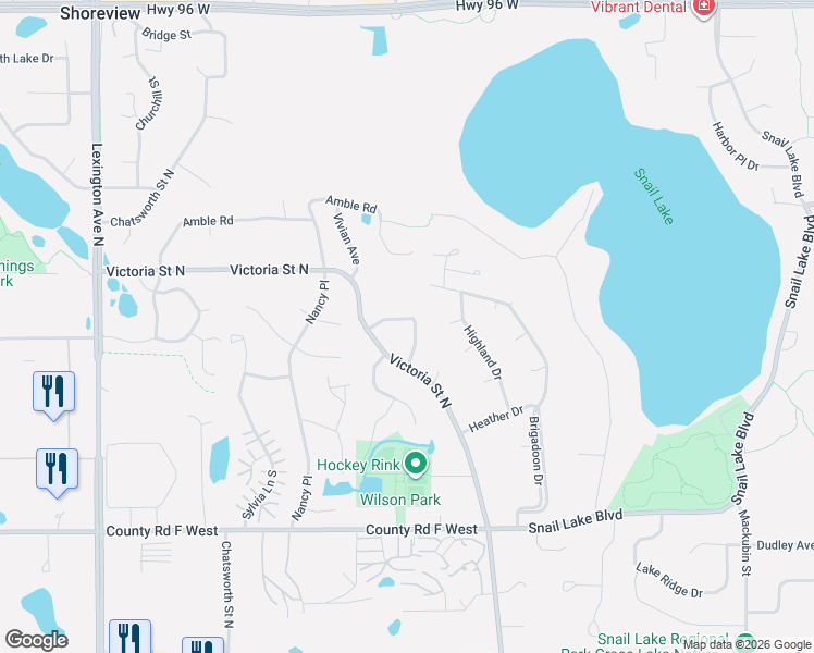 map of restaurants, bars, coffee shops, grocery stores, and more near 816 Westview Drive in Shoreview