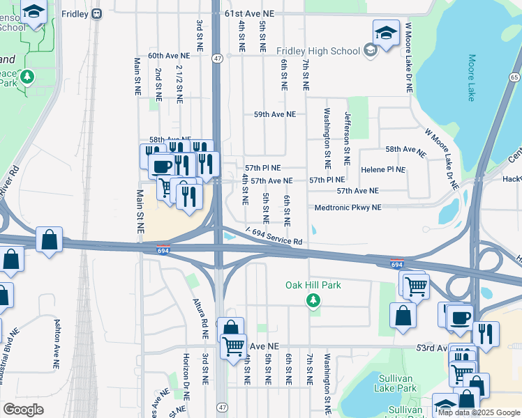 map of restaurants, bars, coffee shops, grocery stores, and more near 5608 5th Street Northeast in Fridley