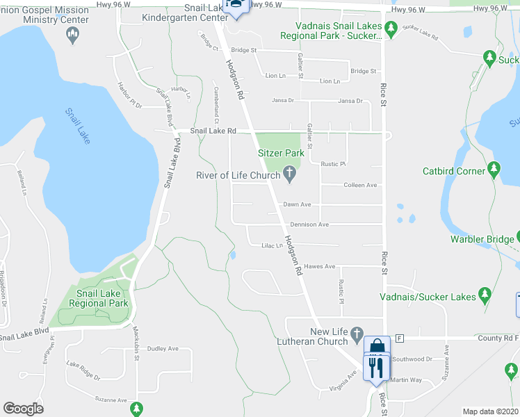 map of restaurants, bars, coffee shops, grocery stores, and more near 324 Dawn Avenue in Shoreview