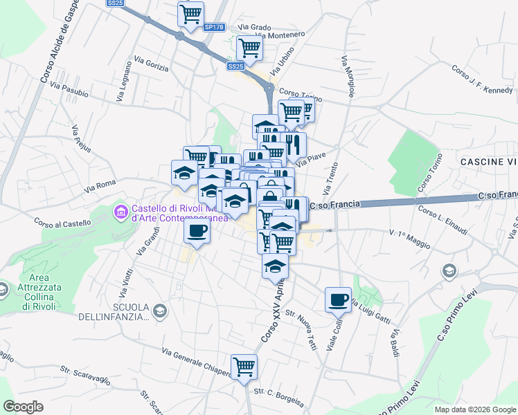 map of restaurants, bars, coffee shops, grocery stores, and more near 52C Via Fratelli Piol in Rivoli