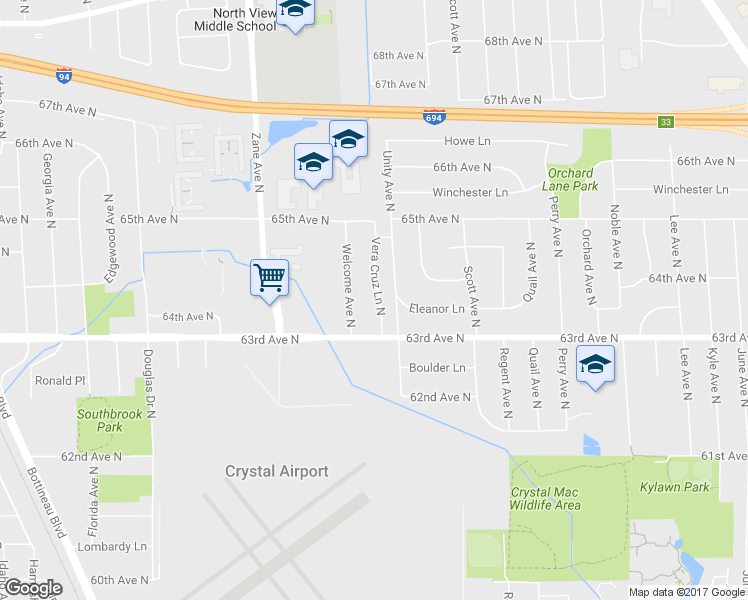 map of restaurants, bars, coffee shops, grocery stores, and more near 6319 Vera Cruz Lane North in Brooklyn Park