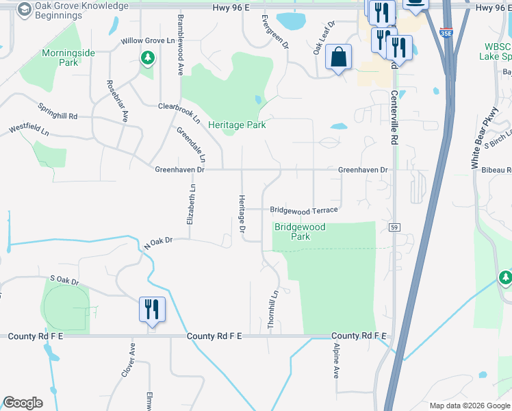 map of restaurants, bars, coffee shops, grocery stores, and more near 4273 Thornhill Lane in Vadnais Heights