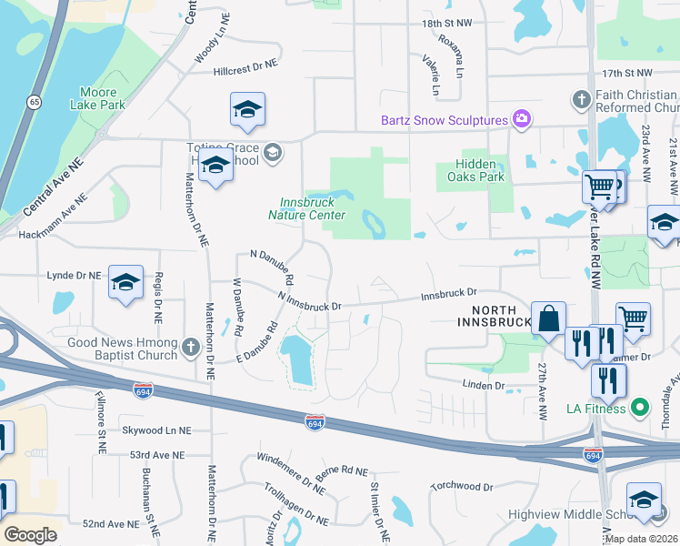 map of restaurants, bars, coffee shops, grocery stores, and more near 5637 West Bavarian Pass in Fridley