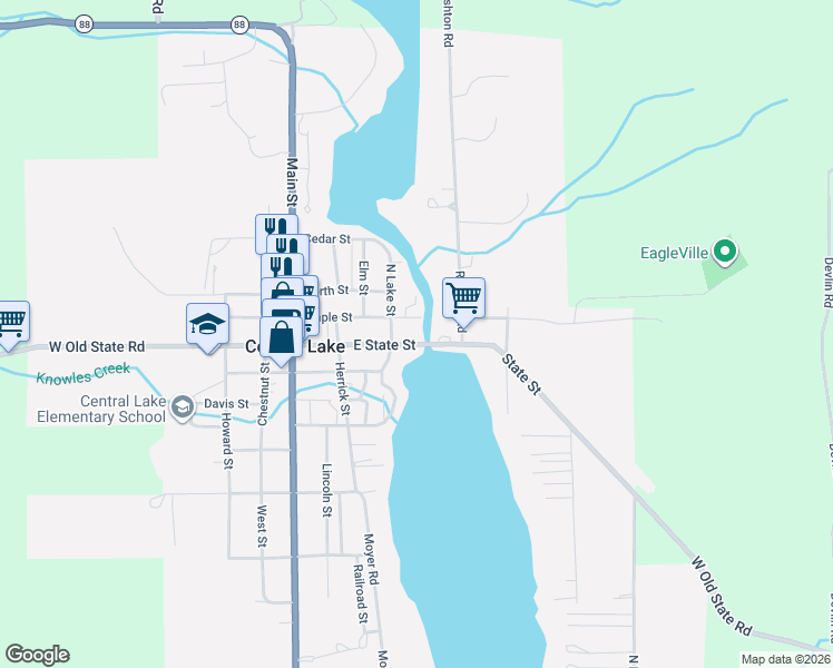 map of restaurants, bars, coffee shops, grocery stores, and more near 7774 East State Street in Central Lake