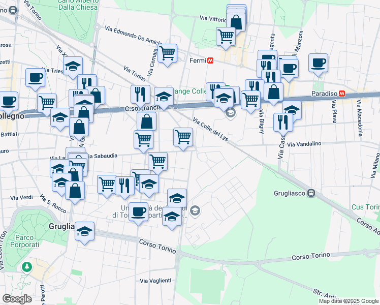 map of restaurants, bars, coffee shops, grocery stores, and more near 130 Via Sabaudia in Grugliasco