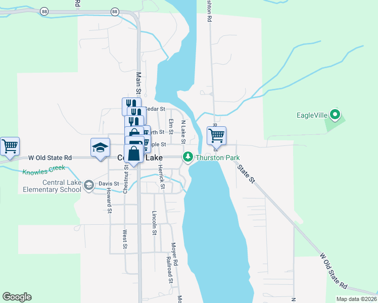 map of restaurants, bars, coffee shops, grocery stores, and more near 7786 West Old State Road in Central Lake