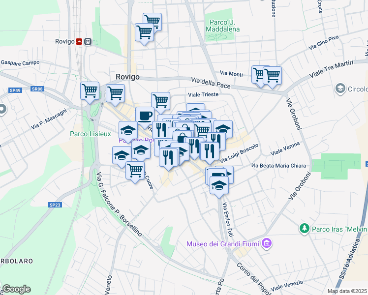 map of restaurants, bars, coffee shops, grocery stores, and more near 39 Piazza Vittorio Emanuele in Rovigo