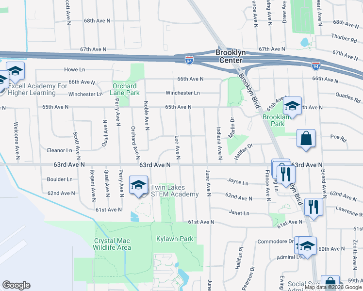 map of restaurants, bars, coffee shops, grocery stores, and more near 4500 Kathrene Drive in Minneapolis
