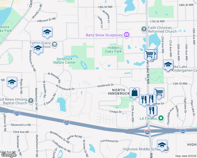 map of restaurants, bars, coffee shops, grocery stores, and more near 1324 32nd Avenue Northwest in New Brighton