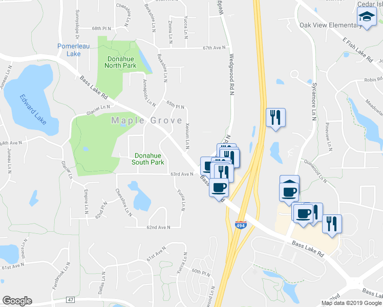 map of restaurants, bars, coffee shops, grocery stores, and more near 6356 Xenium Lane North in Maple Grove