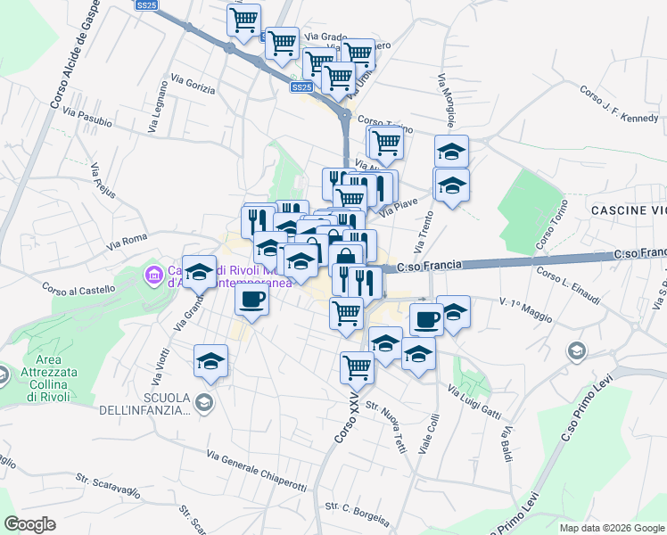 map of restaurants, bars, coffee shops, grocery stores, and more near 52C Via Fratelli Piol in Rivoli