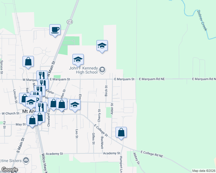 map of restaurants, bars, coffee shops, grocery stores, and more near 655 Birch Street in Mount Angel