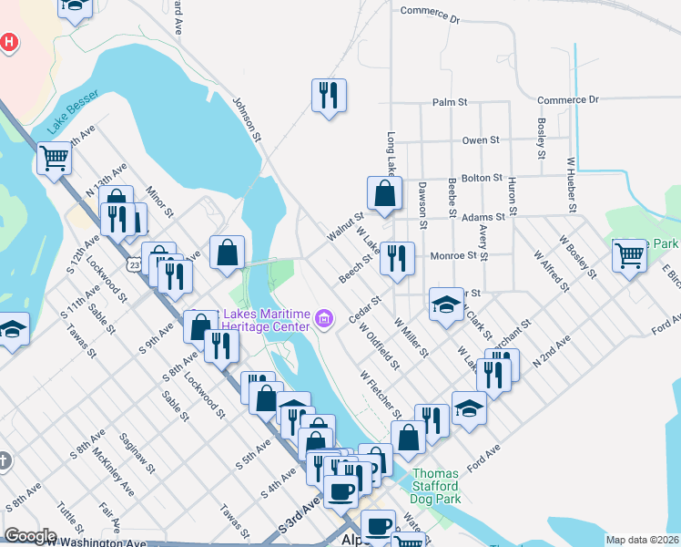 map of restaurants, bars, coffee shops, grocery stores, and more near 611 West Oldfield Street in Alpena