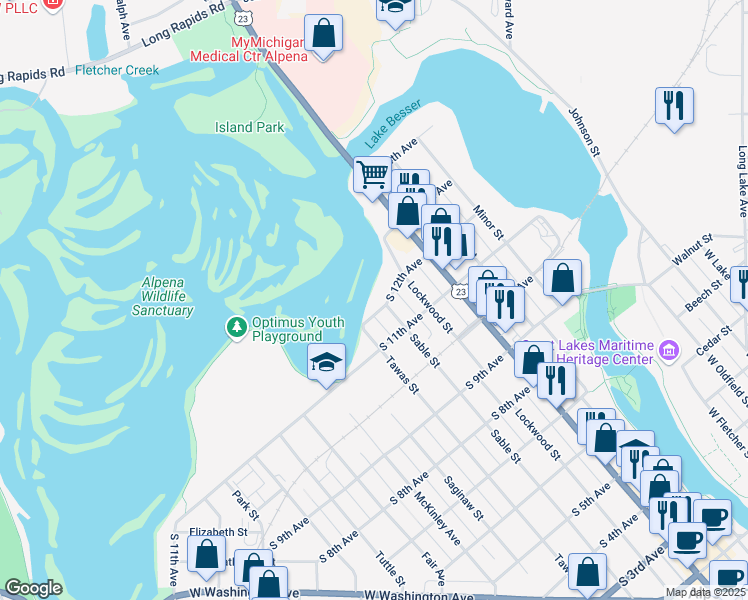 map of restaurants, bars, coffee shops, grocery stores, and more near Alpena Bi-Path in Alpena