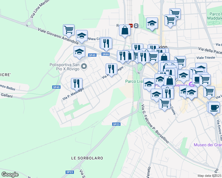 map of restaurants, bars, coffee shops, grocery stores, and more near 19 Via Arturo Toscanini in Rovigo
