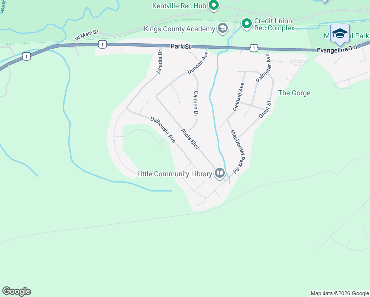 map of restaurants, bars, coffee shops, grocery stores, and more near 38 Dalhousie Avenue in Kentville