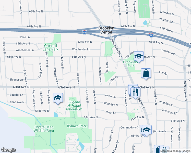 map of restaurants, bars, coffee shops, grocery stores, and more near 6330 June Avenue North in Minneapolis