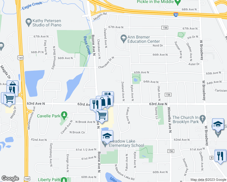map of restaurants, bars, coffee shops, grocery stores, and more near 6316 Boone Avenue North in Brooklyn Park