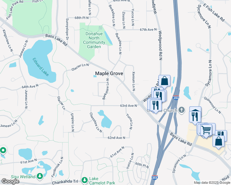 map of restaurants, bars, coffee shops, grocery stores, and more near 6353 Zinnia Lane North in Maple Grove