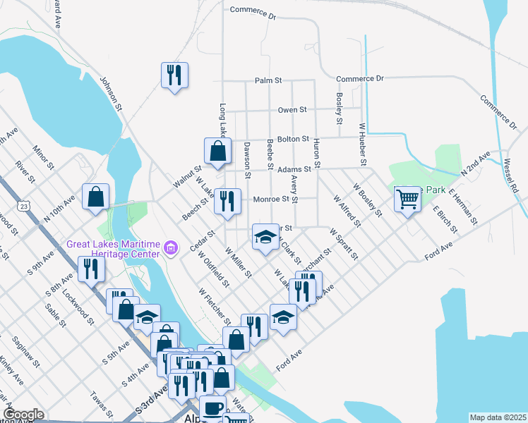 map of restaurants, bars, coffee shops, grocery stores, and more near 100-198 Beebe Street in Alpena