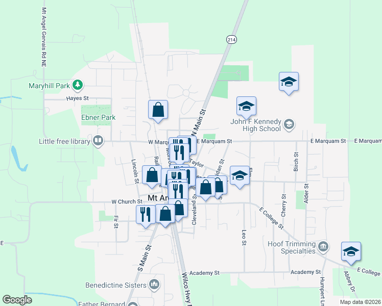 map of restaurants, bars, coffee shops, grocery stores, and more near 445 North Main Street in Mount Angel