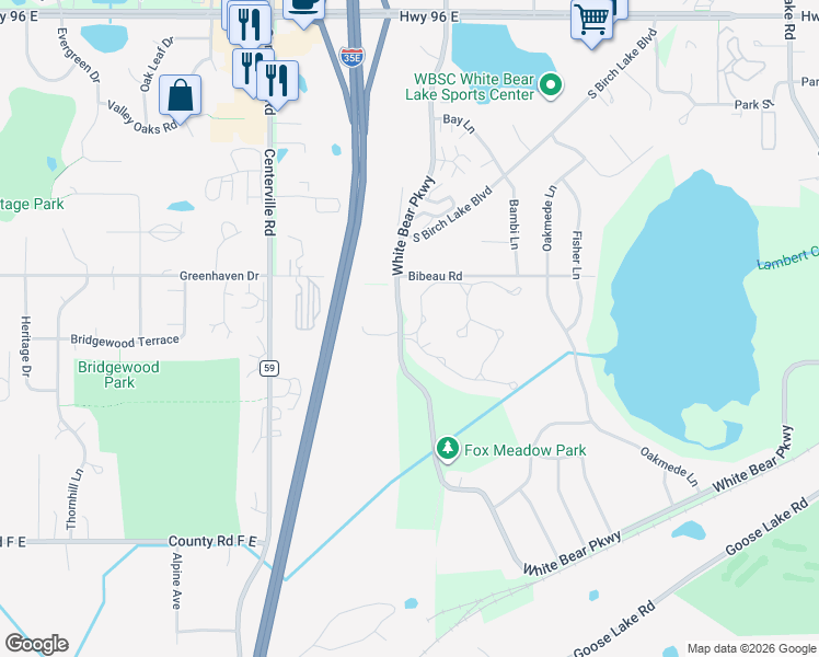 map of restaurants, bars, coffee shops, grocery stores, and more near 1201 Birch Pond Trail in White Bear Lake