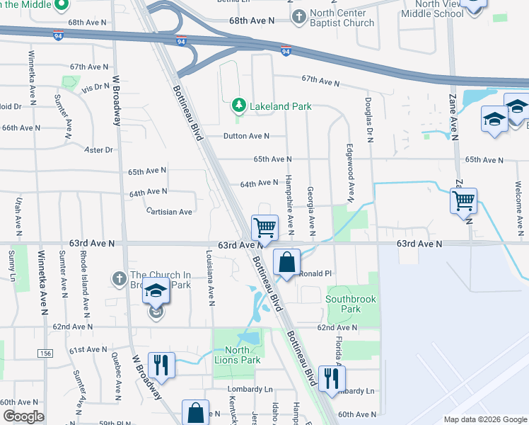 map of restaurants, bars, coffee shops, grocery stores, and more near 6802 63rd Avenue North in Brooklyn Park