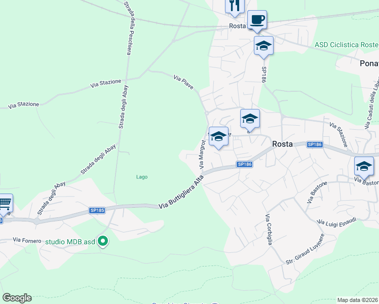 map of restaurants, bars, coffee shops, grocery stores, and more near 29 Via Margrot in Rosta