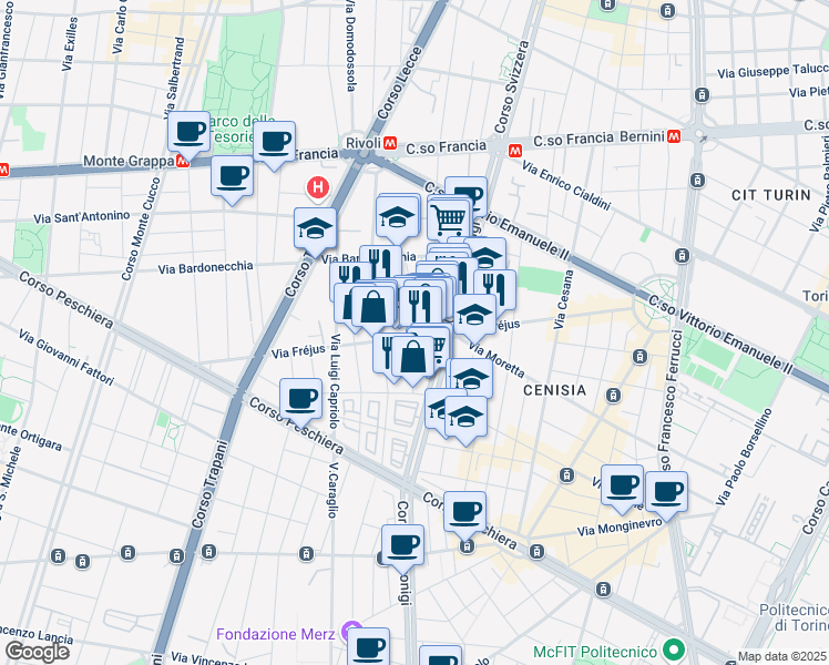 map of restaurants, bars, coffee shops, grocery stores, and more near 80 Via Fréjus in Torino
