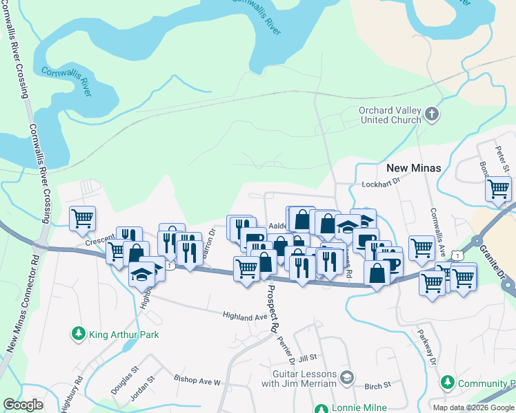 map of restaurants, bars, coffee shops, grocery stores, and more near 1093 Aalders Avenue in New Minas